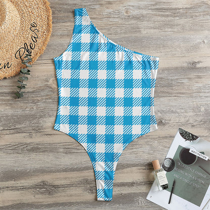 Azure Blue And White Gingham Print One Shoulder Bodysuit
