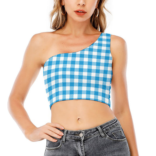 Azure Blue And White Gingham Print One Shoulder Crop Top