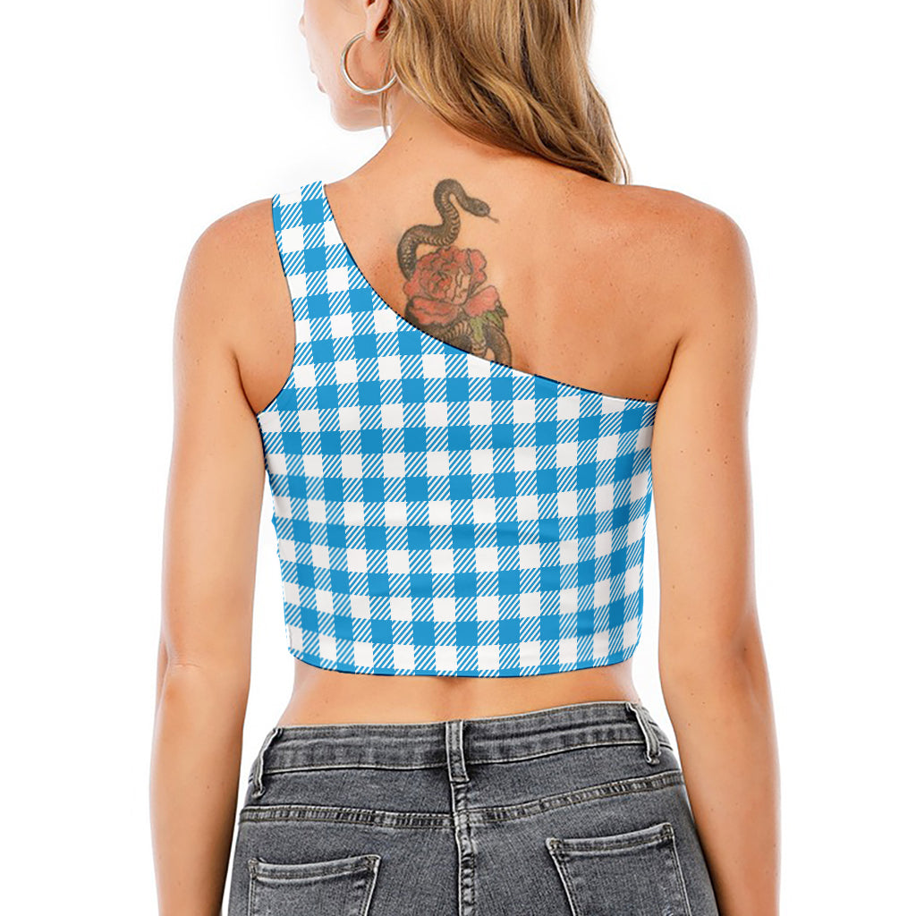 Azure Blue And White Gingham Print One Shoulder Crop Top
