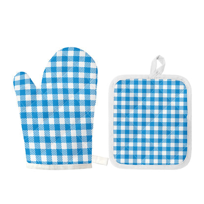 Azure Blue And White Gingham Print Oven Mitt And Pot Holder Set