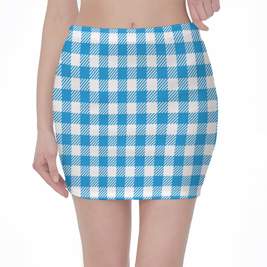 Azure Blue And White Gingham Print Pencil Mini Skirt
