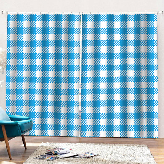 Azure Blue And White Gingham Print Pencil Pleat Curtains