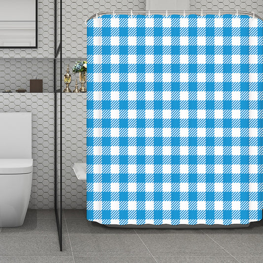 Azure Blue And White Gingham Print Polyester Shower Curtain
