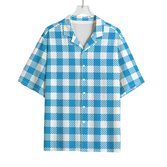 Azure Blue And White Gingham Print Rayon Hawaiian Shirt