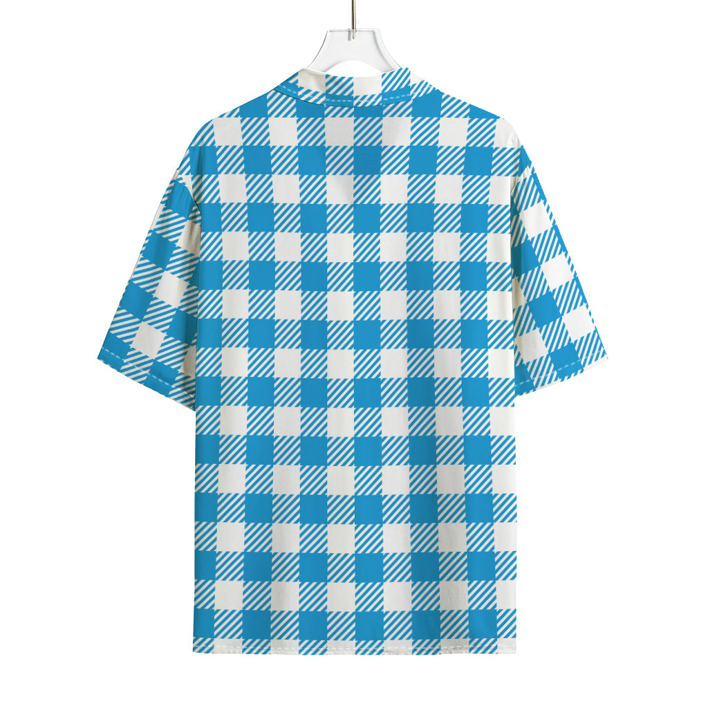 Azure Blue And White Gingham Print Rayon Hawaiian Shirt