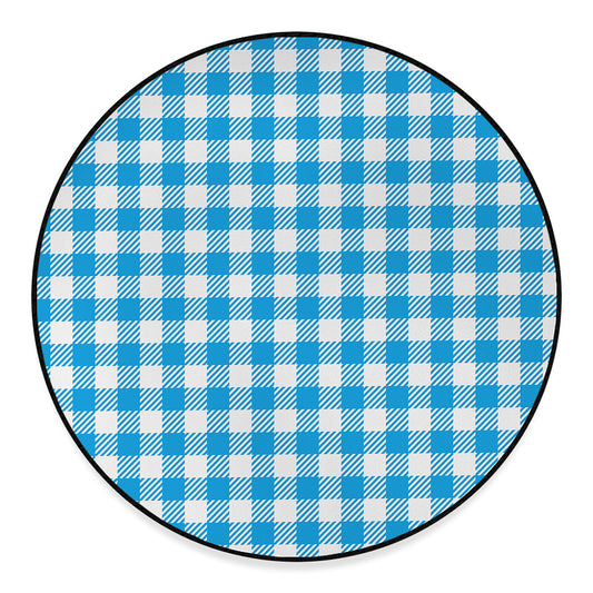 Azure Blue And White Gingham Print Round Floor Mat