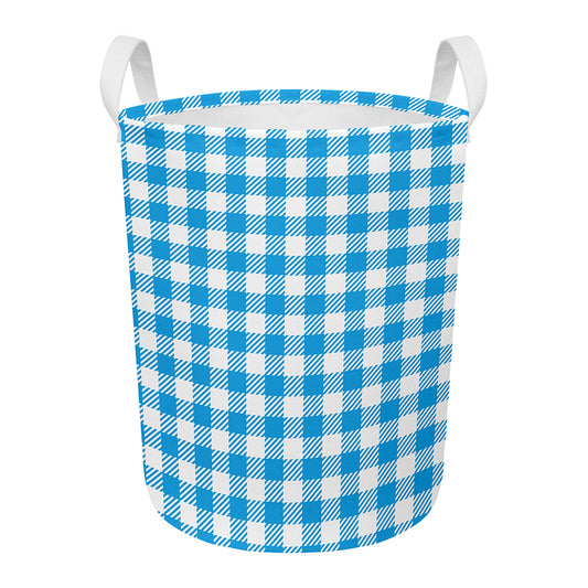 Azure Blue And White Gingham Print Round Laundry Basket