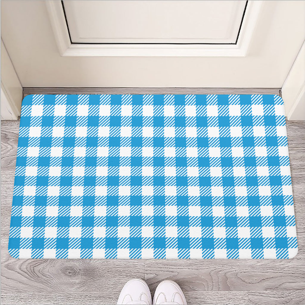 Azure Blue And White Gingham Print Rubber Doormat