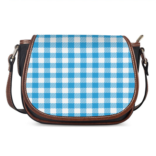 Azure Blue And White Gingham Print Saddle Bag