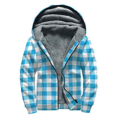 Azure Blue And White Gingham Print Sherpa Lined Zip Up Hoodie
