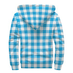 Azure Blue And White Gingham Print Sherpa Lined Zip Up Hoodie
