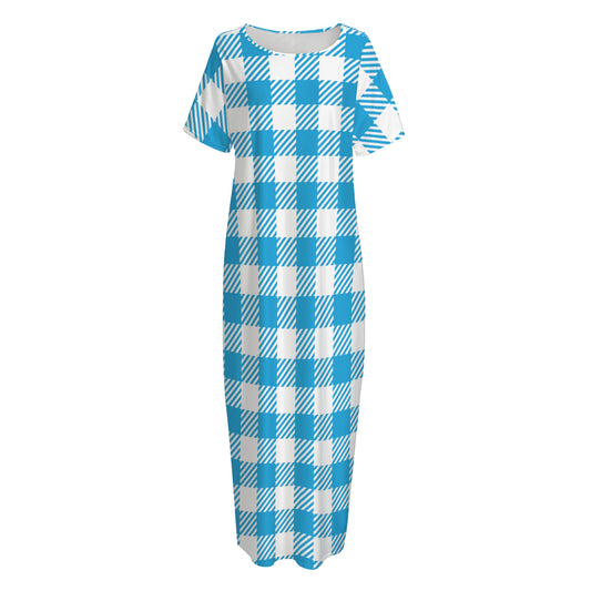 Azure Blue And White Gingham Print Short Sleeve Long Nightdress