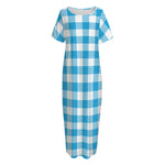 Azure Blue And White Gingham Print Short Sleeve Long Nightdress