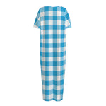 Azure Blue And White Gingham Print Short Sleeve Long Nightdress