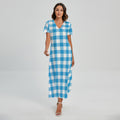 Azure Blue And White Gingham Print Short Sleeve Maxi Dress