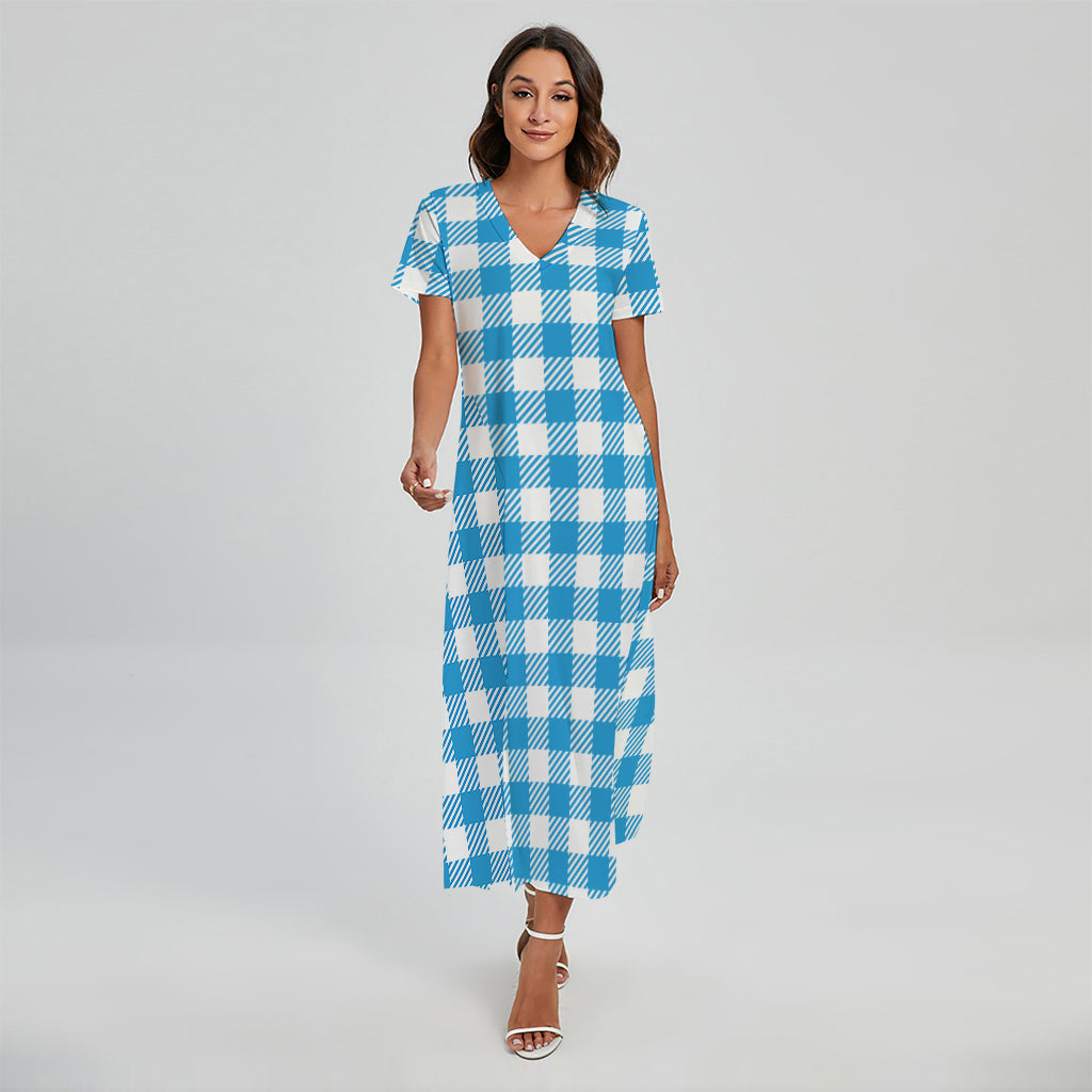 Azure Blue And White Gingham Print Short Sleeve Maxi Dress