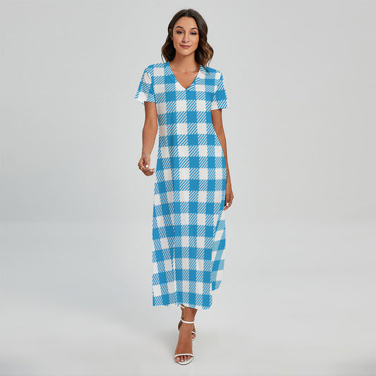 Azure Blue And White Gingham Print Short Sleeve Maxi Dress