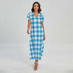 Azure Blue And White Gingham Print Short Sleeve Maxi Dress