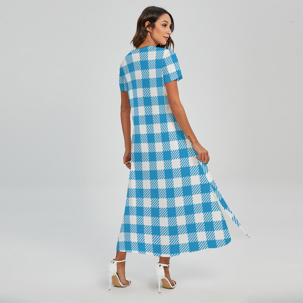 Azure Blue And White Gingham Print Short Sleeve Maxi Dress