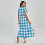 Azure Blue And White Gingham Print Short Sleeve Maxi Dress