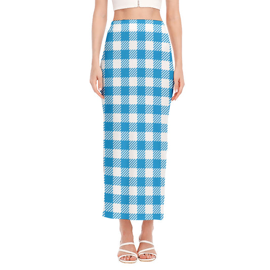 Azure Blue And White Gingham Print Side Slit Maxi Skirt