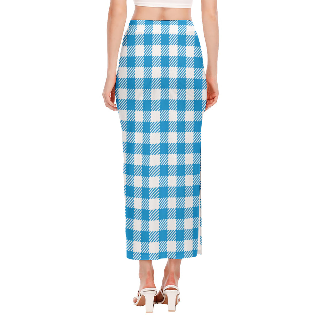 Azure Blue And White Gingham Print Side Slit Maxi Skirt