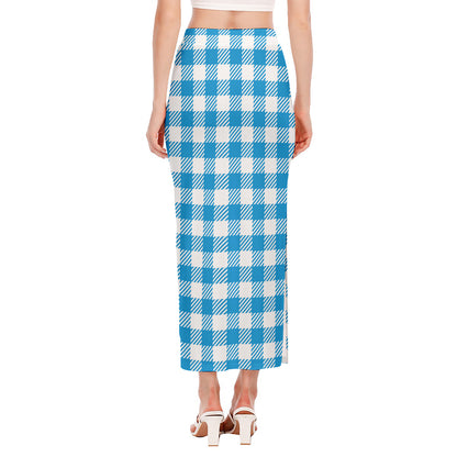 Azure Blue And White Gingham Print Side Slit Maxi Skirt