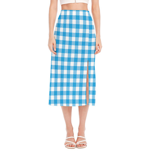 Azure Blue And White Gingham Print Side Slit Midi Skirt