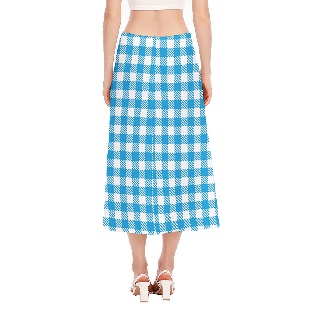 Azure Blue And White Gingham Print Side Slit Midi Skirt