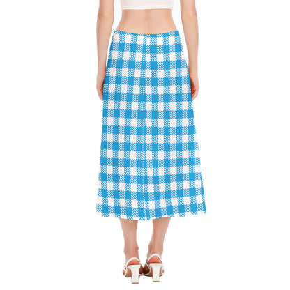 Azure Blue And White Gingham Print Side Slit Midi Skirt