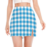 Azure Blue And White Gingham Print Side Slit Mini Skirt