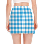 Azure Blue And White Gingham Print Side Slit Mini Skirt