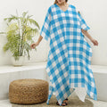 Azure Blue And White Gingham Print Silk V-Neck Kaftan Dress