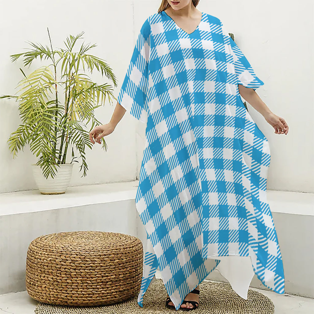Azure Blue And White Gingham Print Silk V-Neck Kaftan Dress