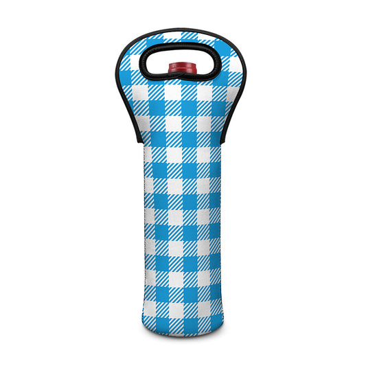 Azure Blue And White Gingham Print Single Neoprene Wine Tote