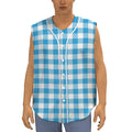 Azure Blue And White Gingham Print Sleeveless Baseball Jersey