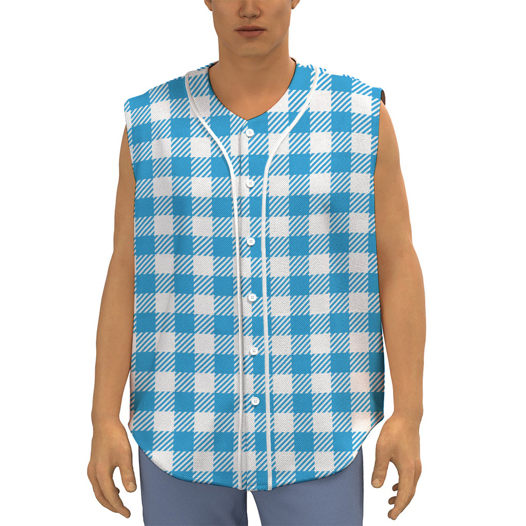 Azure Blue And White Gingham Print Sleeveless Baseball Jersey