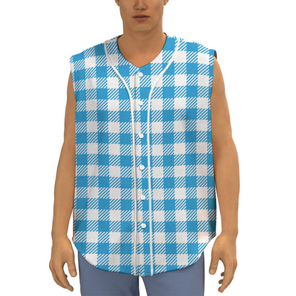 Azure Blue And White Gingham Print Sleeveless Baseball Jersey