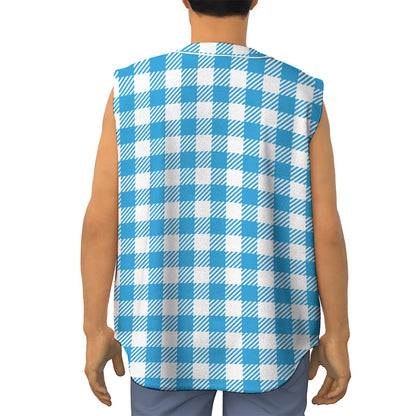 Azure Blue And White Gingham Print Sleeveless Baseball Jersey