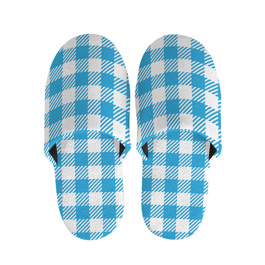 Azure Blue And White Gingham Print Slippers