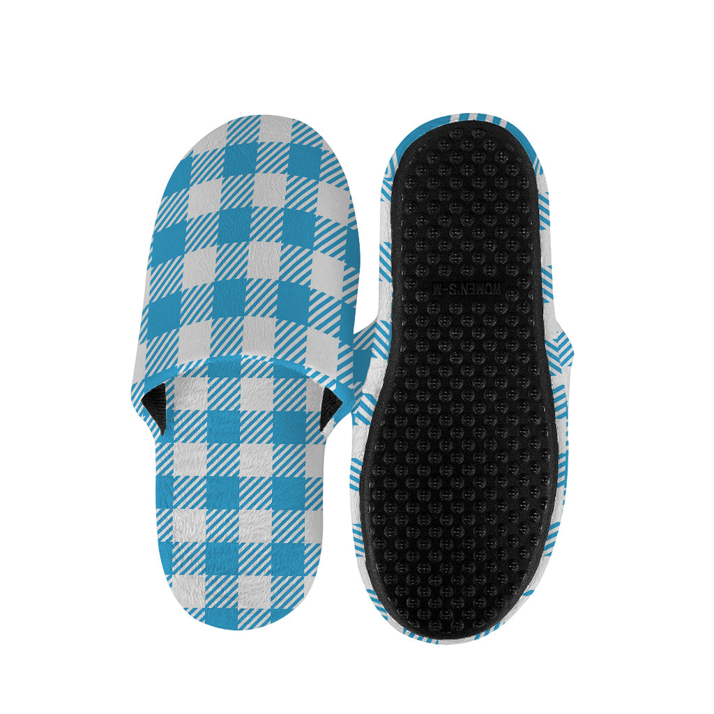 Azure Blue And White Gingham Print Slippers