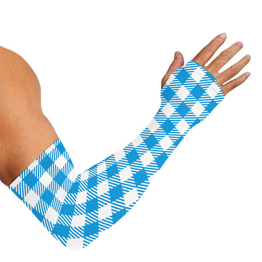 Azure Blue And White Gingham Print Sun Protection Arm Sleeves