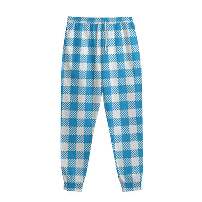 Azure Blue And White Gingham Print Sweatpants