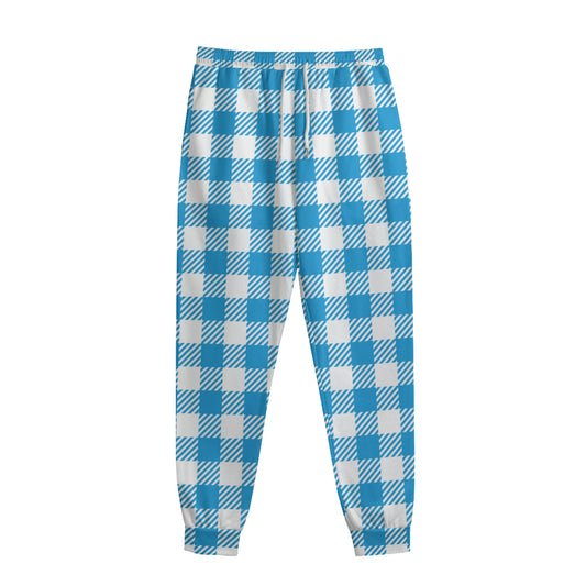 Azure Blue And White Gingham Print Sweatpants
