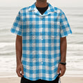 Azure Blue And White Gingham Print Textured Short Sleeve Shirt