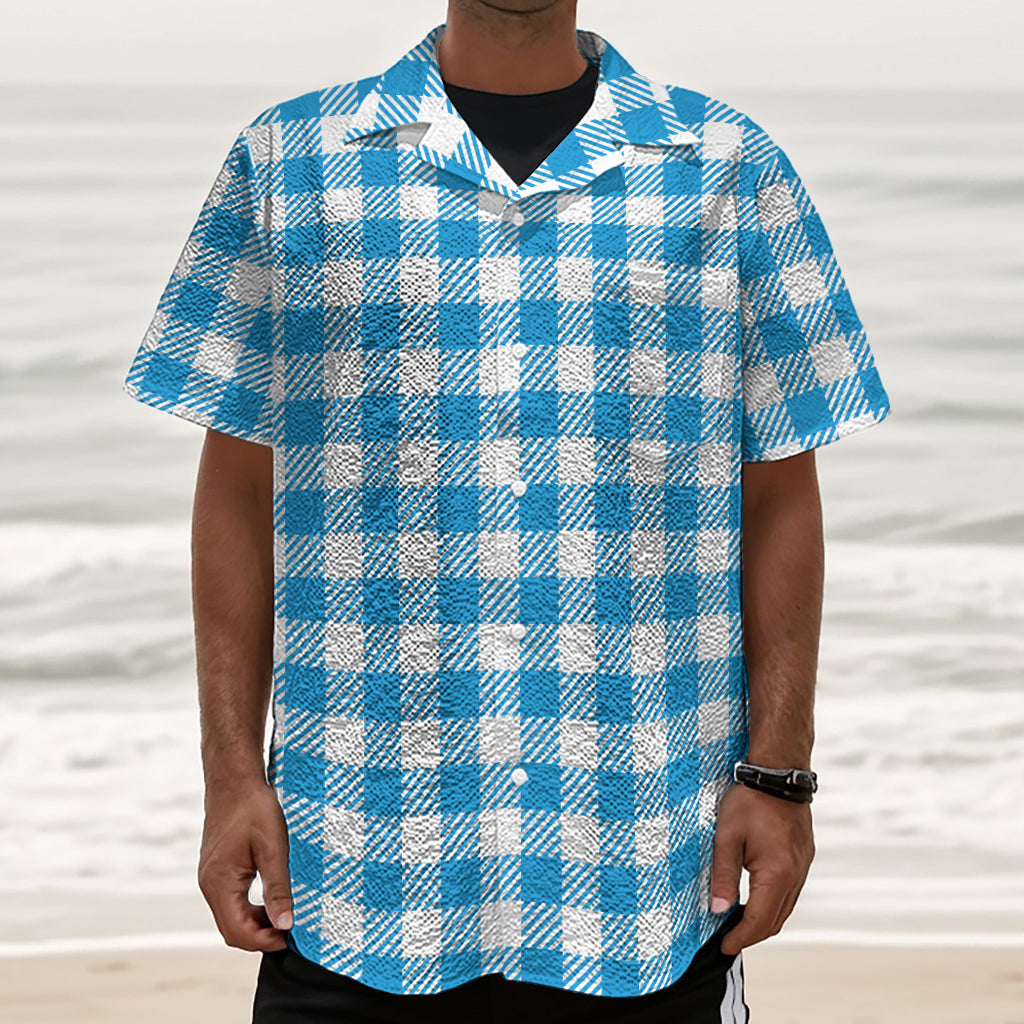 Azure Blue And White Gingham Print Textured Short Sleeve Shirt