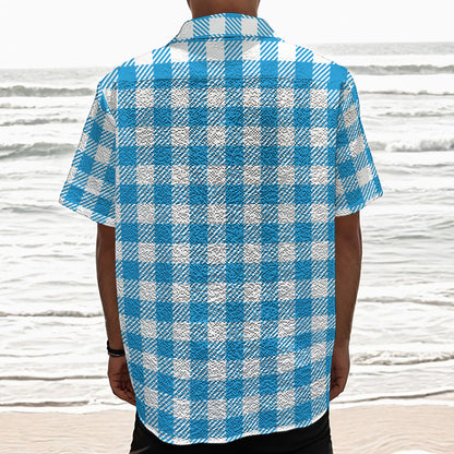 Azure Blue And White Gingham Print Textured Short Sleeve Shirt