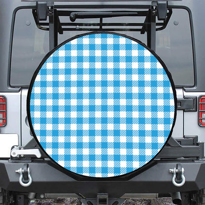 Azure Blue And White Gingham Print Tire Cover