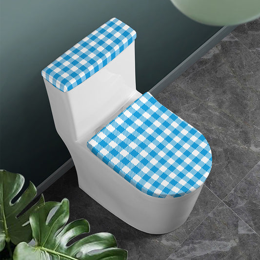 Azure Blue And White Gingham Print Toilet Lid And Tank Cover Set