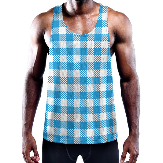 Azure Blue And White Gingham Print Training Tank Top